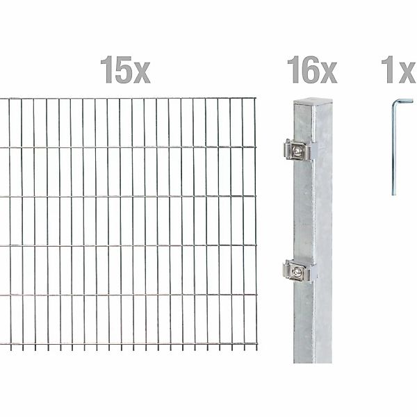 Metallzaun Grund-Set Doppelstabmatte feuerverzinkt 15 x 2 m x 1,4 m günstig online kaufen