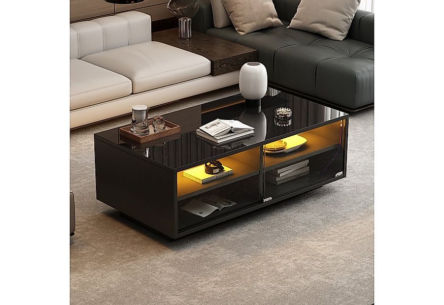 KLAM HOME Couchtisch 94x50x34 cm Schwarzer Hochglanz-LED-Couchtisch (Sofati günstig online kaufen