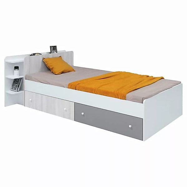 Bett 90x200 cm Liegefläche mit Bettschubladen weiß, Eiche hell, grau COLLIN günstig online kaufen