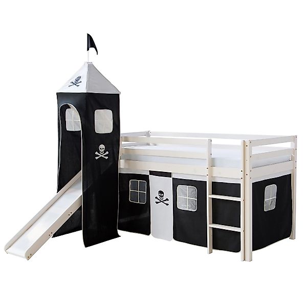 Homestyle4u Hochbett 90x200 mit Vorhang Lattenrost Matratze Rutsche Turm in günstig online kaufen