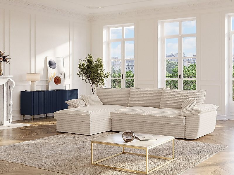 Ecksofa mit Schlaffunktion - Ecke links - grob gerippter Cord - Beige - GUI günstig online kaufen