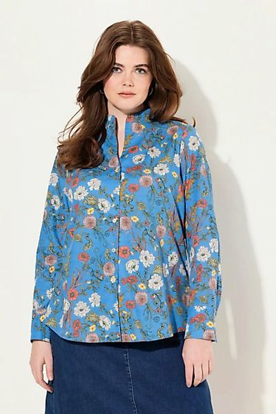 Ulla Popken Longbluse Bluse Blüten Kelchkragen V-Ausschnitt Langarm günstig online kaufen