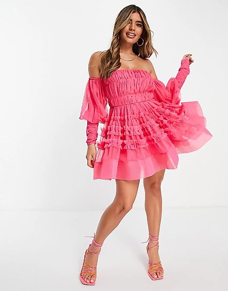 Lace & Beads – Schulterfreies Minikleid aus Tüll in Pink-Rosa günstig online kaufen