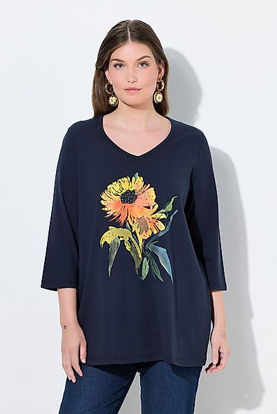 Ulla Popken T-Shirt Shirt Sonnenblume A-Linie V-Ausschnitt 3/4-Arm günstig online kaufen