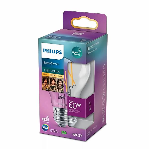 Philips LED Filament Lampe ersetzt 60W E27 Birne - A60 7,5W 806lm 2200-2700 günstig online kaufen