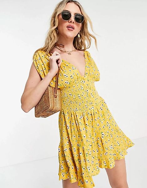 ASOS DESIGN – Durchgeknöpftes, gestuftes Mini-Sommerkleid in Gelb mit geraf günstig online kaufen