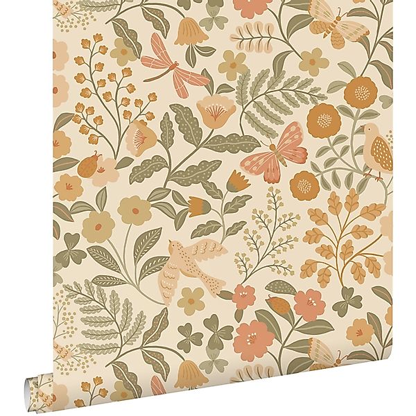 ESTAhome Tapete Blumen und Vögel Orange und Graugrün 53 cm x 10.05 m günstig online kaufen