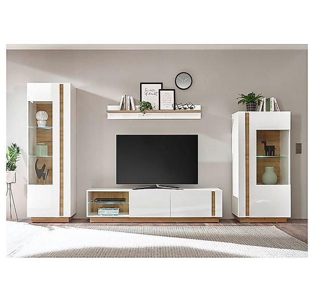 Lomadox Wohnwand CELLE-61, (2-St), weiß Glanz und Grandson Oak Eiche Nb. 34 günstig online kaufen