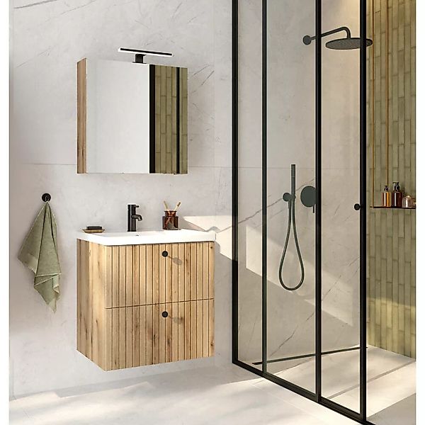 Waschplatz Set 2-teilig, 60 cm Waschtisch und Spiegelschrank, Eiche RIVA-10 günstig online kaufen