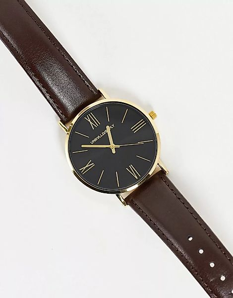 ASOS DESIGN – Klassische Armbanduhr mit Akzenten in Roségold und braunem Le günstig online kaufen
