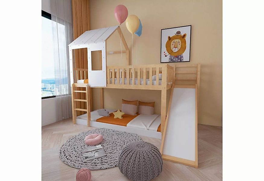 TavilaEcon Etagenbett Hausbett Kinderbett mit Dach und Fenster, Natur+Weiß, günstig online kaufen