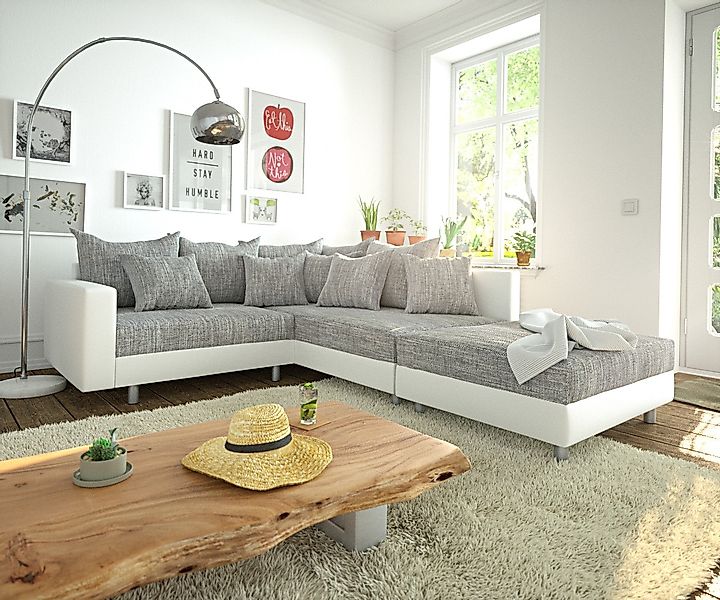 DELIFE Ecksofa Clovis, Weiss Hellgrau Hocker Armlehne Ottomane Rechts Eckso günstig online kaufen