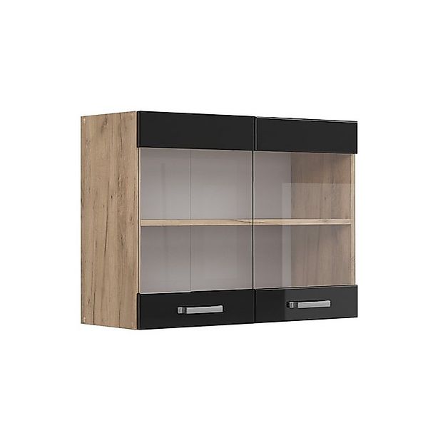 Vicco Küchenglasschrank R-Line Schwarz Hochglanz/Goldkraft Eiche 80 cm günstig online kaufen