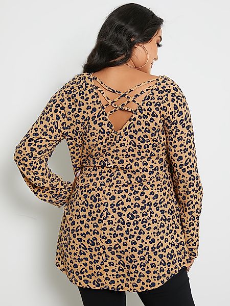 Plus Size Bluse mit V-Ausschnitt und überkreuzten Ärmeln mit Leopardenmuste günstig online kaufen