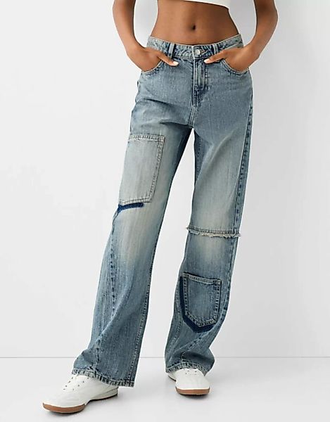 Bershka Wide Leg Baggy-Workwear-Jeans Damen 38 Ausgewaschenes Blau günstig online kaufen