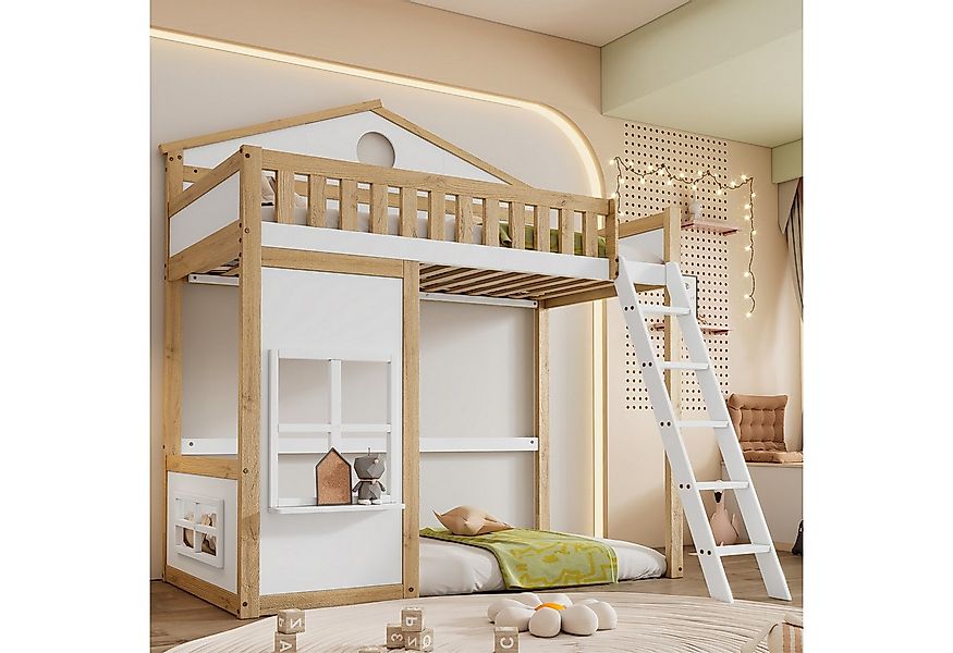autolock Etagenbett Etagenbett, Kinderbett mit Treppe, Weiß+Natur, 90x200cm günstig online kaufen