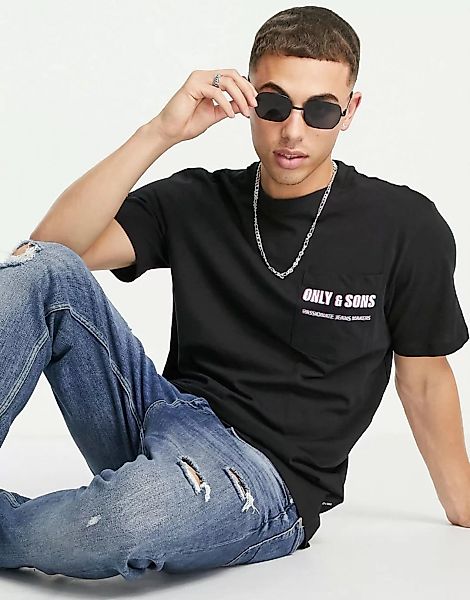 Only & Sons – T-Shirt in Schwarz mit Logo und Tasche günstig online kaufen
