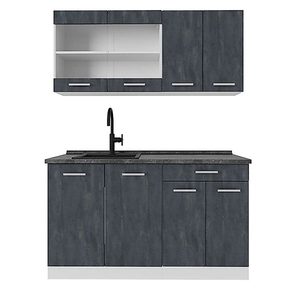 Vicco R-Line Mini Küche Schwarz Beton/Weiß 140 cm AP Anthrazit günstig online kaufen