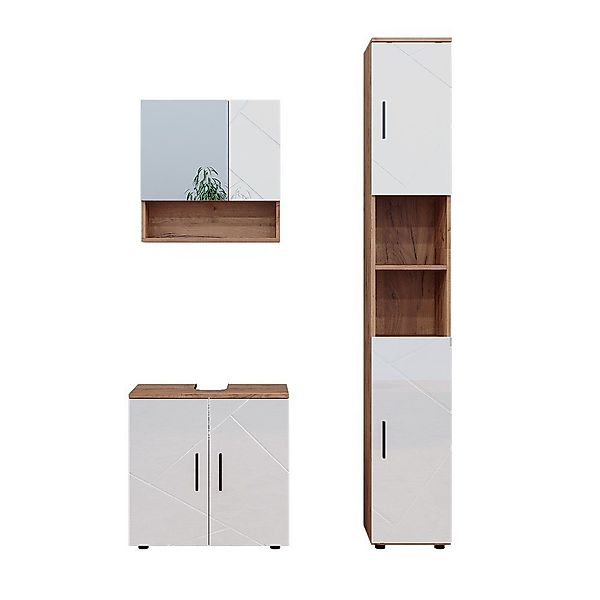 Vicco Badmöbel-Set Irma Eiche/Weiß Hochglanz 3 Teile mit Hochschrank günstig online kaufen