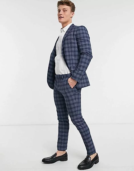Topman – Eng geschnittene Anzughose in Blau kariert günstig online kaufen