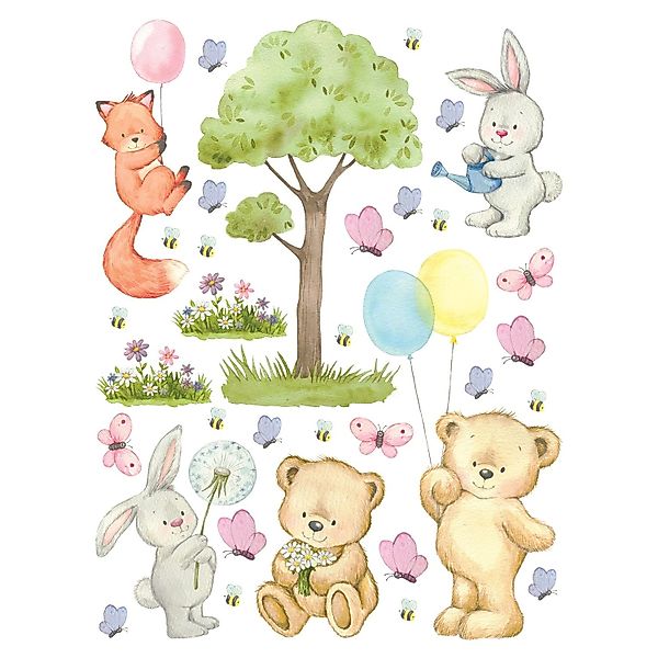 Sanders & Sanders Wandtattoo Wald Mit Waldtieren Multicolor 85 x 65 cm 6013 günstig online kaufen