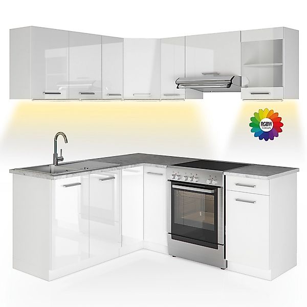 Vicco Rick Eckküche Weiß/Weiß Hochglanz 187 x 167 cm AP Marmor mit LED-Leis günstig online kaufen