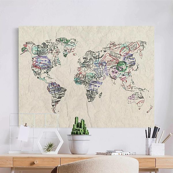 Leinwandbild auf Naturcanvas Reisepass Stempel Weltkarte günstig online kaufen