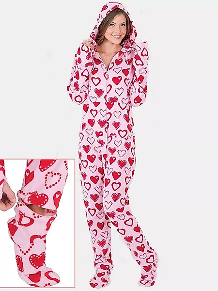 Plus Größe Jumpsuits mit Kapuzenfüßen Pyjamas Hearts Print Front Reißversch günstig online kaufen