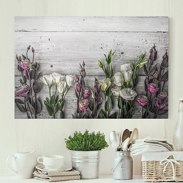 Leinwandbild Blumen - Querformat Tulpen-Rose Shabby Holzoptik günstig online kaufen