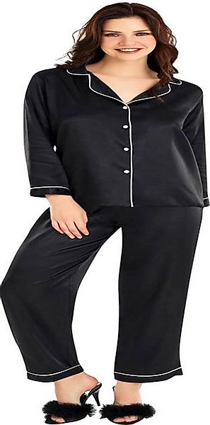 Pyjamahose Damen 2-teiliges Satin-Pyjama-Set mit Zierborte günstig online kaufen
