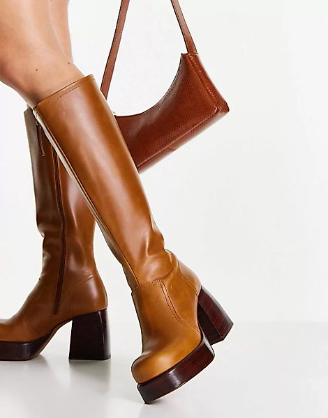 ASOS DESIGN – California – Kniehohe Stiefel aus hochwertigem Leder in Hellb günstig online kaufen