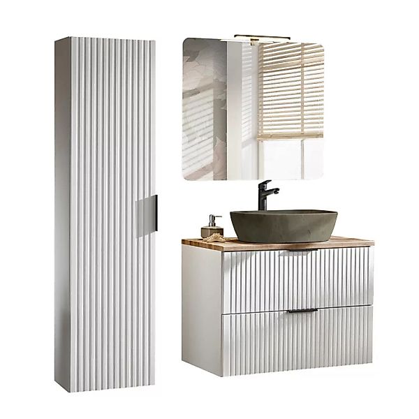 Badezimmer Badmöbel Set matt weiß Rillenoptik ADELAIDE-56-WHITE Spiegel & W günstig online kaufen
