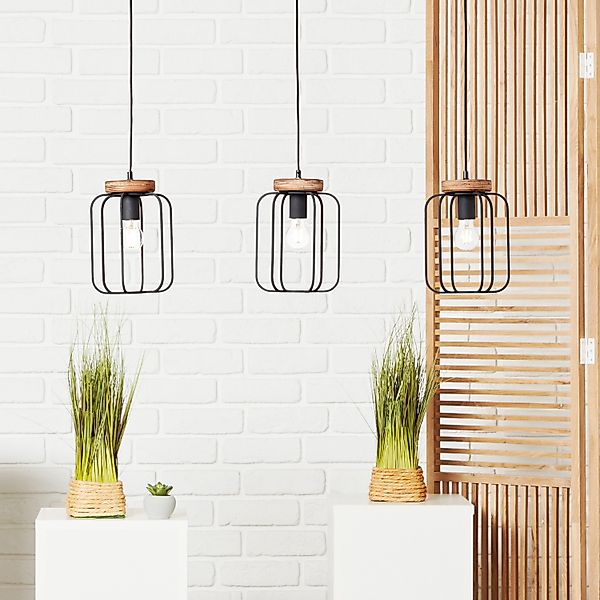 Brilliant Pendelleuchte »Tosh« E27 1 Stk. 3flg Reihe antik holz/schwarz kor günstig online kaufen