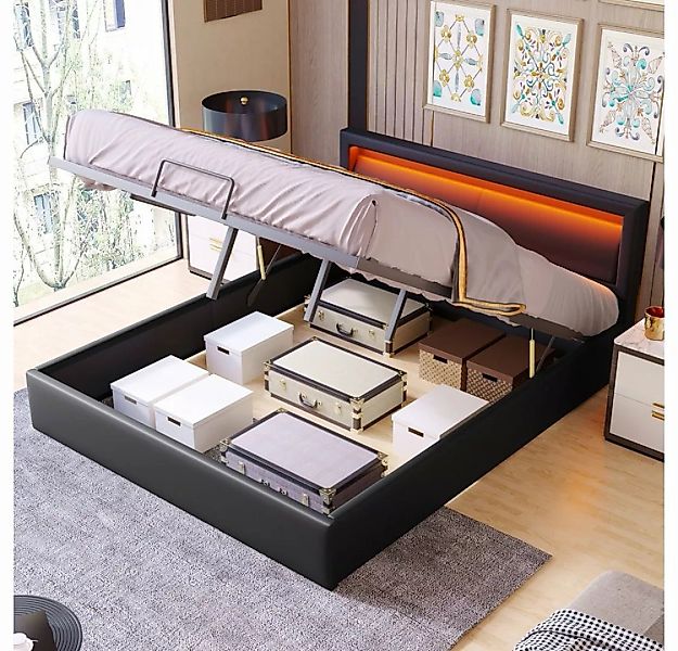 Fangqi Polsterbett 140x200cm hydraulisches, gepolstertes Doppelbett mit LED günstig online kaufen