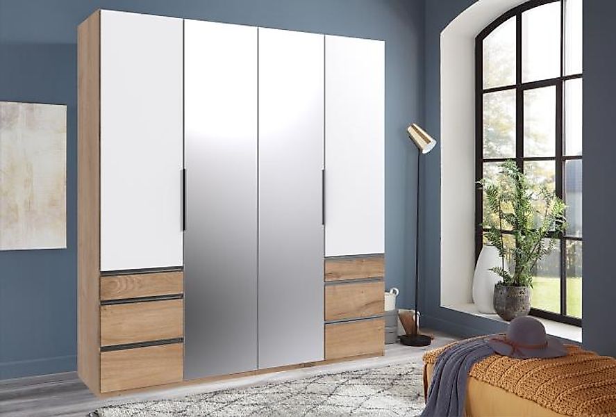 Kleiderschrank 2m mit Spiegel und Schubladen Holzoptik Braun / Weiß LEVEL36 günstig online kaufen