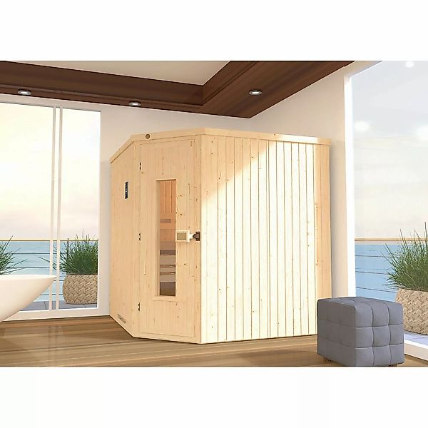 Weka Element-Ecksauna Varberg 3 Sparset 7,5 kW OS Holztür Saunaleuchtenset günstig online kaufen