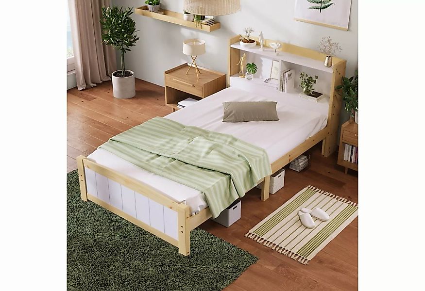REDOM Massivholzbett Einzelbett (Natur+Weiß 90x200cm), mit Lattenrost Und K günstig online kaufen