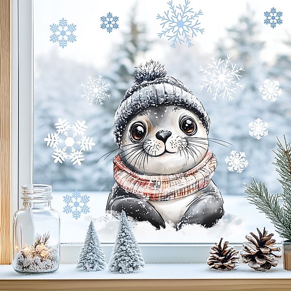 Sunnywall Fensterdekoration wiederverwendbares Fensterbild Winter Robbe, günstig online kaufen