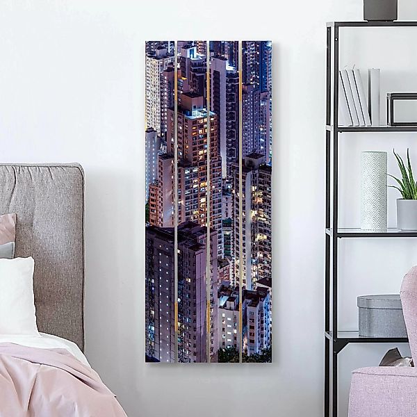 Holzbild Plankenoptik Hongkong Lichtermeer günstig online kaufen
