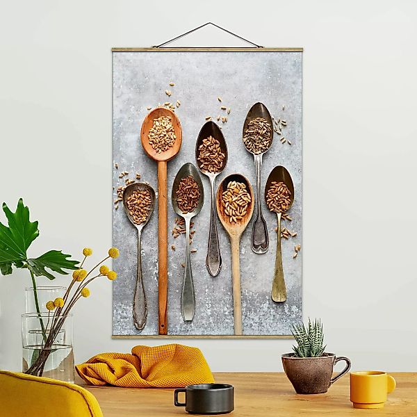 Stoffbild Küche mit Posterleisten - Hochformat Getreidekörner Löffel günstig online kaufen
