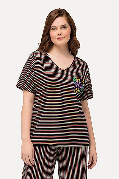 Ulla Popken Pyjama Schlafanzug-Shirt Streifen V-Ausschnitt günstig online kaufen