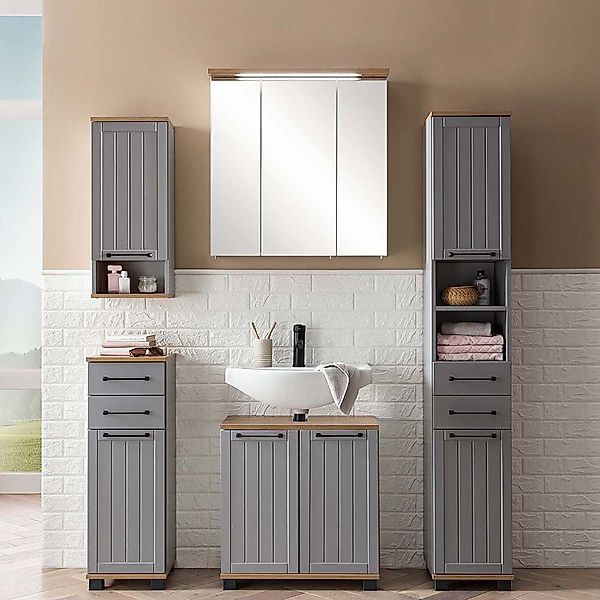 Badmöbel Set Landhaus Design in Platingrau Eichefarben (fünfteilig) günstig online kaufen