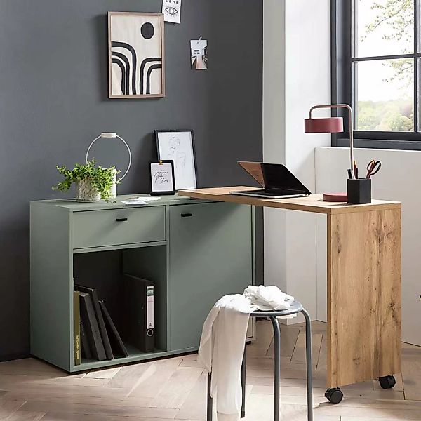 Schreibtisch in Wildeichefarben und Graugrün Seitenregal, Tür und Schubkast günstig online kaufen