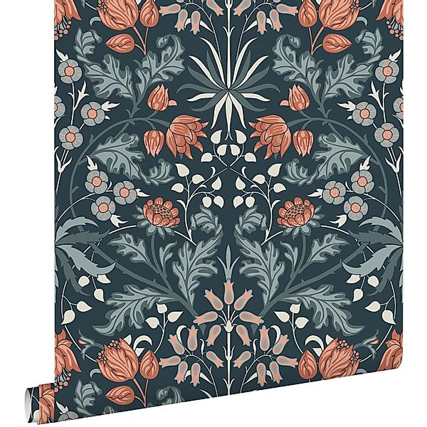 ESTAhome Tapete Blumenmuster im Jugendstil Dunkelblau und Terrakotta 50 x 9 günstig online kaufen
