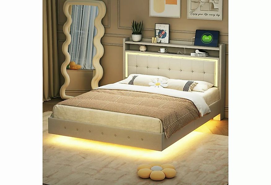 OKWISH Polsterbett Doppelbett mit USB-Steckdose und LED-Licht (verstecktes günstig online kaufen