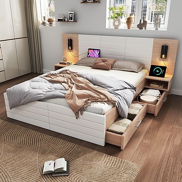 Flieks Massivholzbett, Doppelbett 140×200cm 2 Schubladen günstig online kaufen