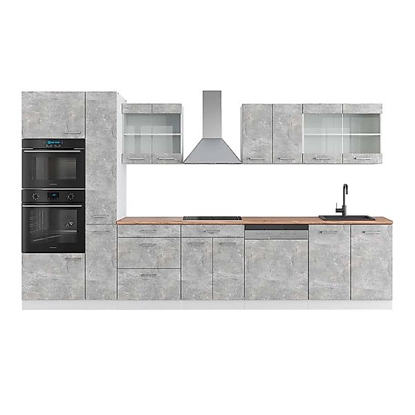 Vicco R-Line Küchenzeile Beton/Weiß 350 cm mit HochschrankAP Eiche günstig online kaufen
