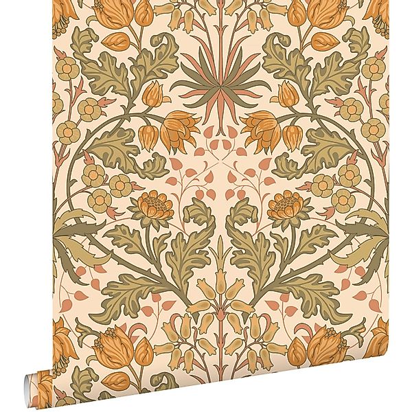 ESTAhome Tapete Blumenmuster im Jugendstil Dunkelorange und Graugrün 50 x 9 günstig online kaufen