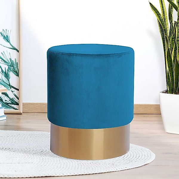 Sitzhocker Pouf in Blau und Goldfarben Samt günstig online kaufen