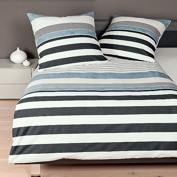 Janine Feinbiber Bettwäsche Davos 65056-02 Denim Weiß Streifen 155x220 günstig online kaufen